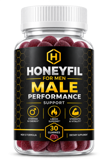 HoneyFil men's vitality gummies bottle with L-citrulline, maca root and pine bark extract